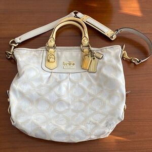Coach Cream Signature Shoulder Bag with Tan Leather Trim